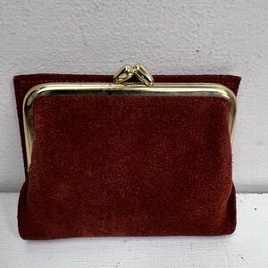Vintage St. Thomas Burgundy Suede Kiss Lock Trifold Wallet Gold Tone Hardware